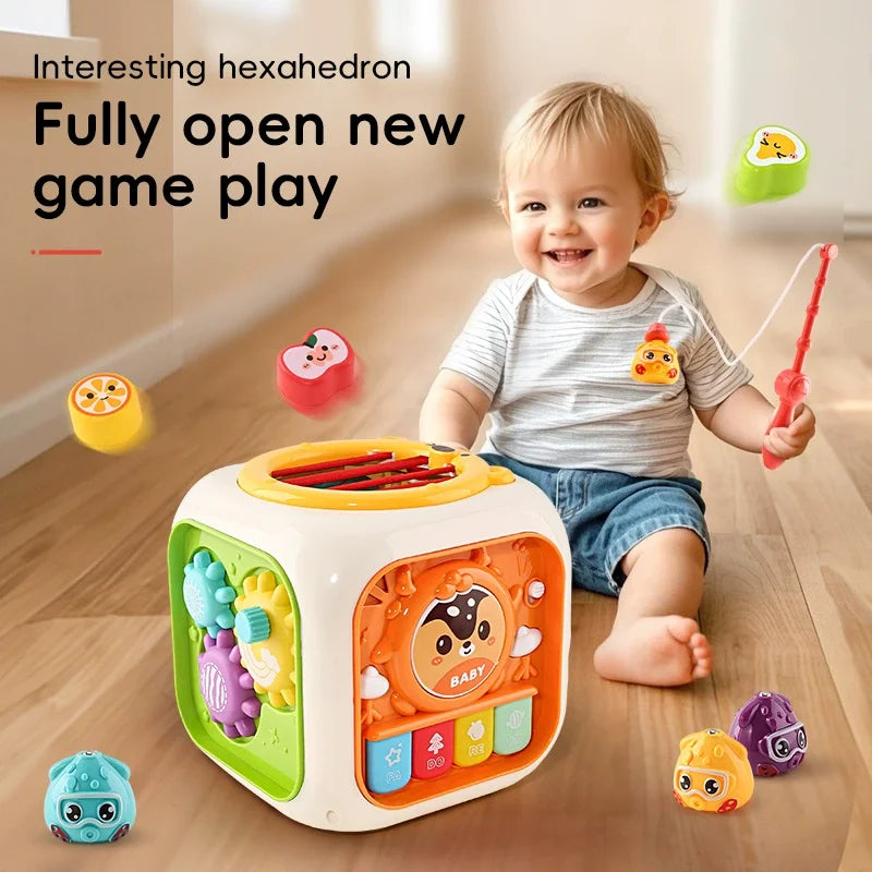 Baby Montessori Toys 6-in-1 Activity Cube – Educational Learning Toy with Fishing Game, Shape Sorter & Music for Infants and Toddlers