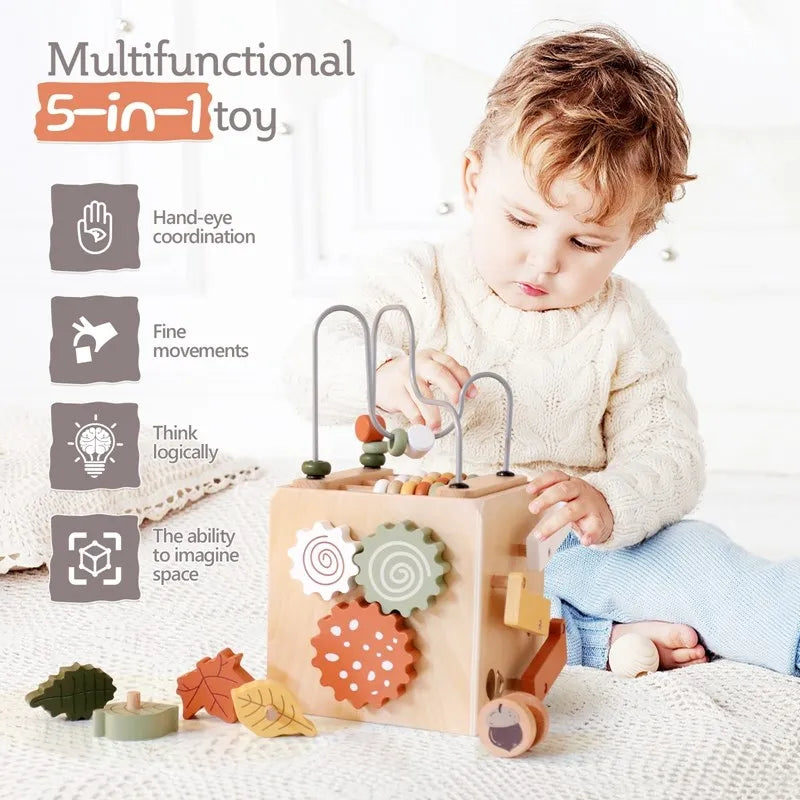 Montessori Motor Skills Development Cube, Wooden Toy, Interactive Wooden Play Cube