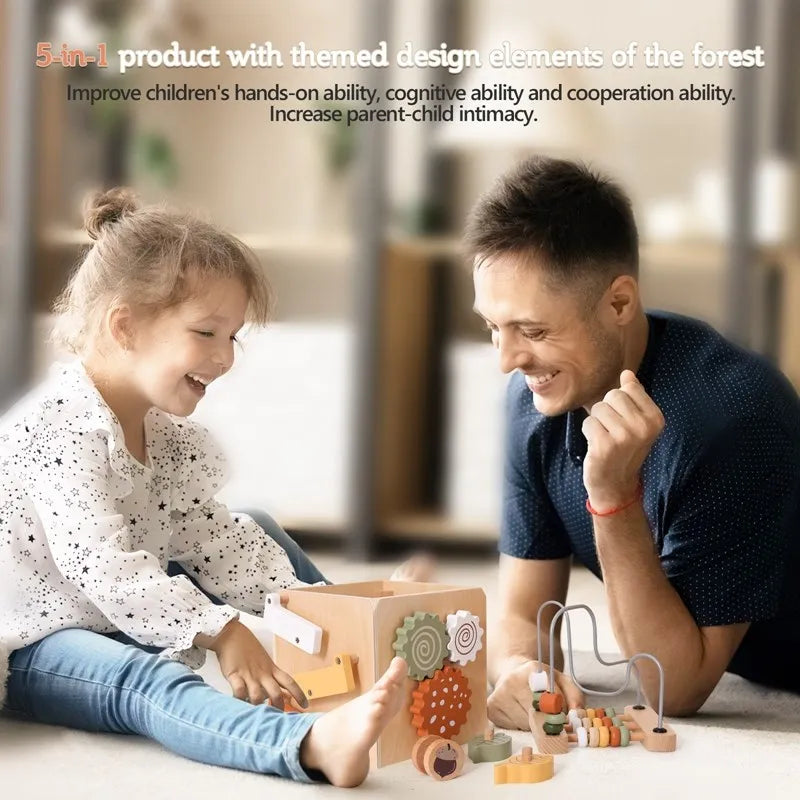 Montessori Motor Skills Development Cube, Wooden Toy, Interactive Wooden Play Cube